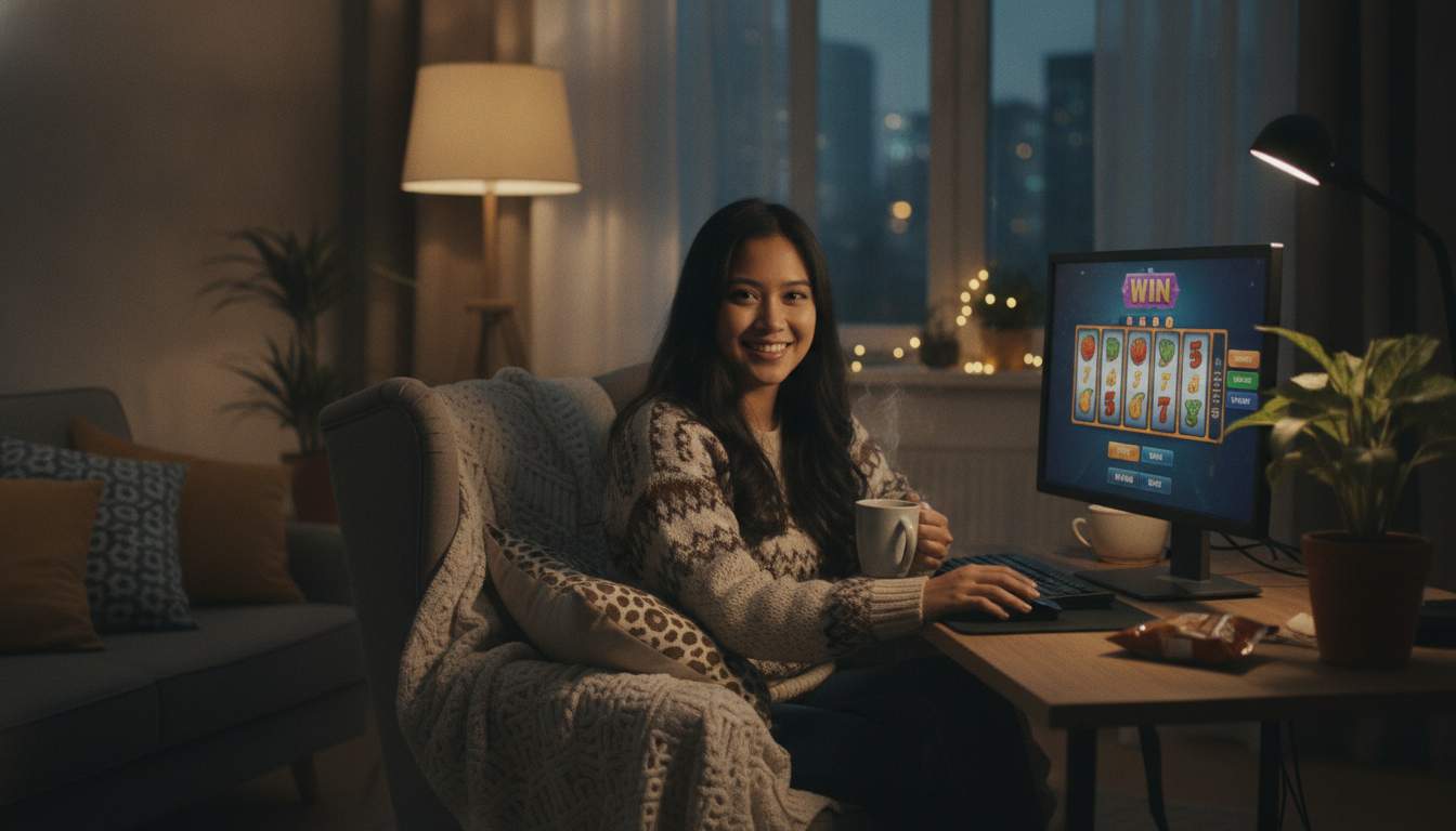 A woman from the Philippines enjoying online slot gameplay